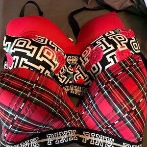 PINK Victoria's Secret Red and Black Plaid Bra Trio